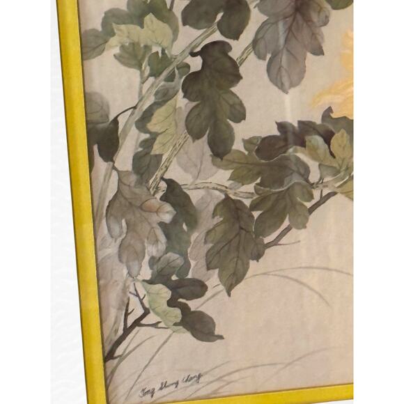 Vintage Tong Shiang Chang Bird and Chrysanthemum Mid Century Framed Art Print - Picture 2 of 10